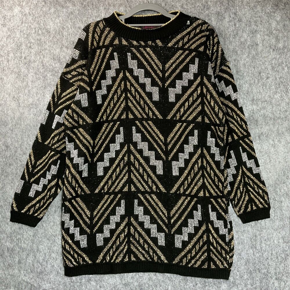 Vintage Sweater Womens Large Black Geometric Abstract Knit Pullover Retro Party